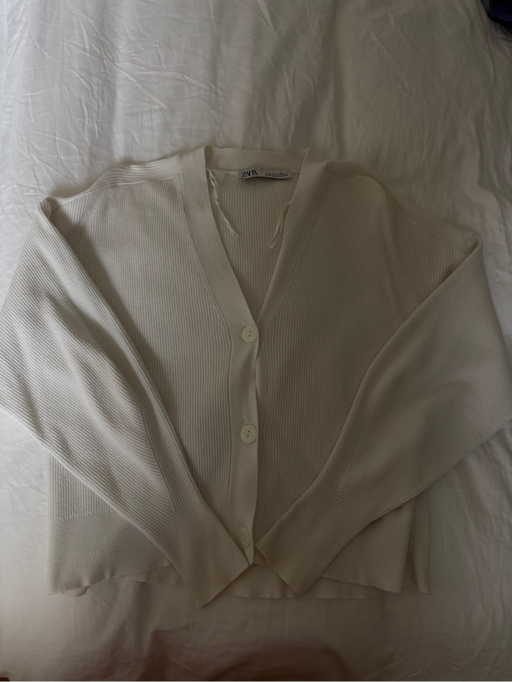 Zara Off-White Ribbed V-Neck Button Cardigan